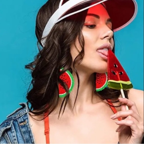 Watermelon Fruit Seed Bead Earrings - Picture 3 of 7